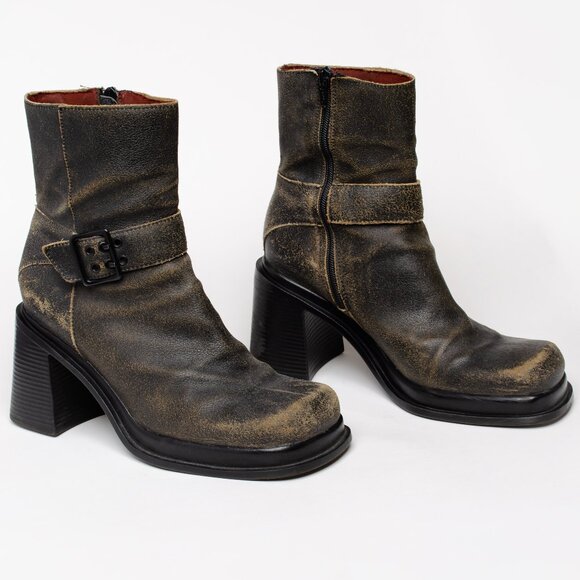 Vintage Nine West Distressed Leather Chunky Y2K Buckle Boots US 9 Women's - Picture 1 of 5